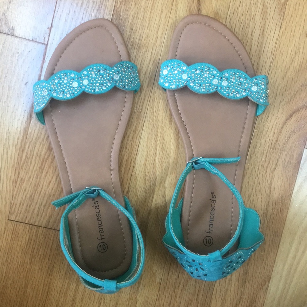 Francesca’s ankle strap flats (aqua).
